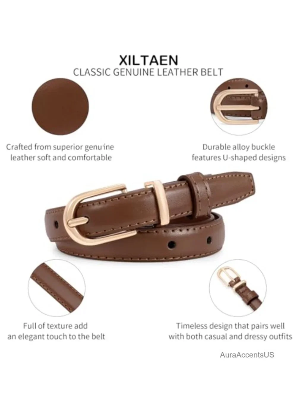 Genuine Leather Waist Belt for Jeans Dresses with Gold Buckle